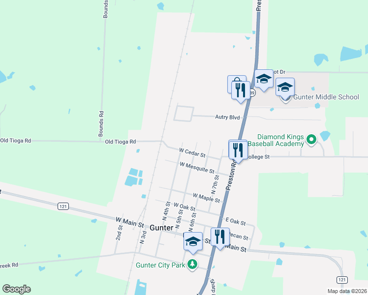 map of restaurants, bars, coffee shops, grocery stores, and more near 412 West Cedar Street in Gunter