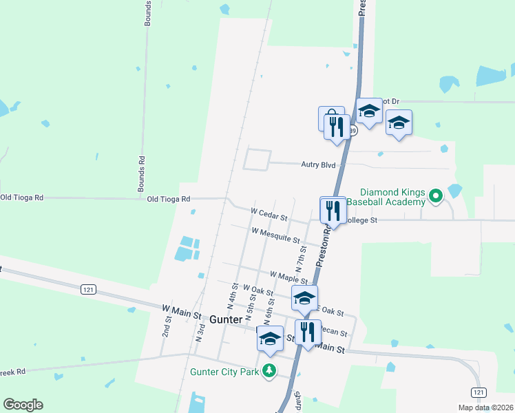 map of restaurants, bars, coffee shops, grocery stores, and more near 412 West Cedar Street in Gunter