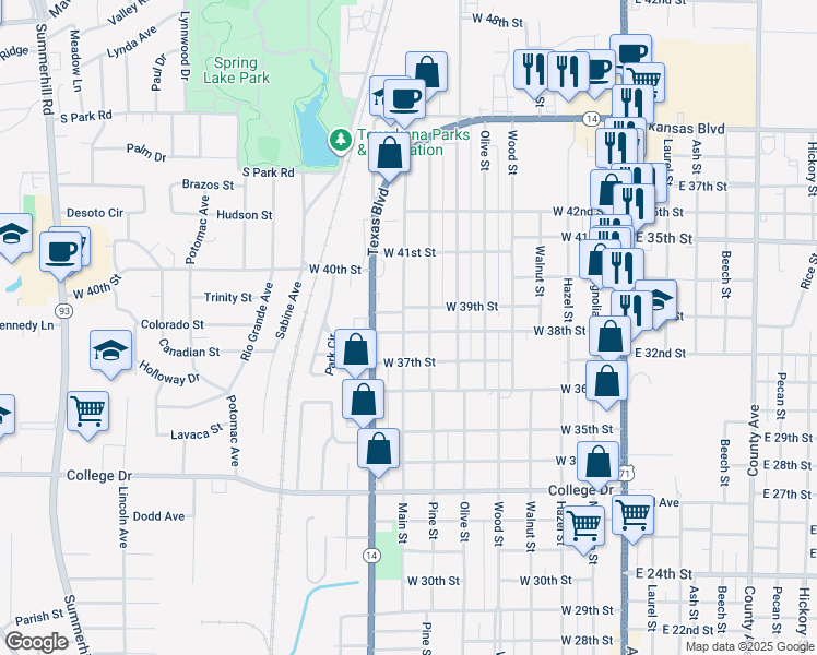 map of restaurants, bars, coffee shops, grocery stores, and more near 3802 Main Street in Texarkana