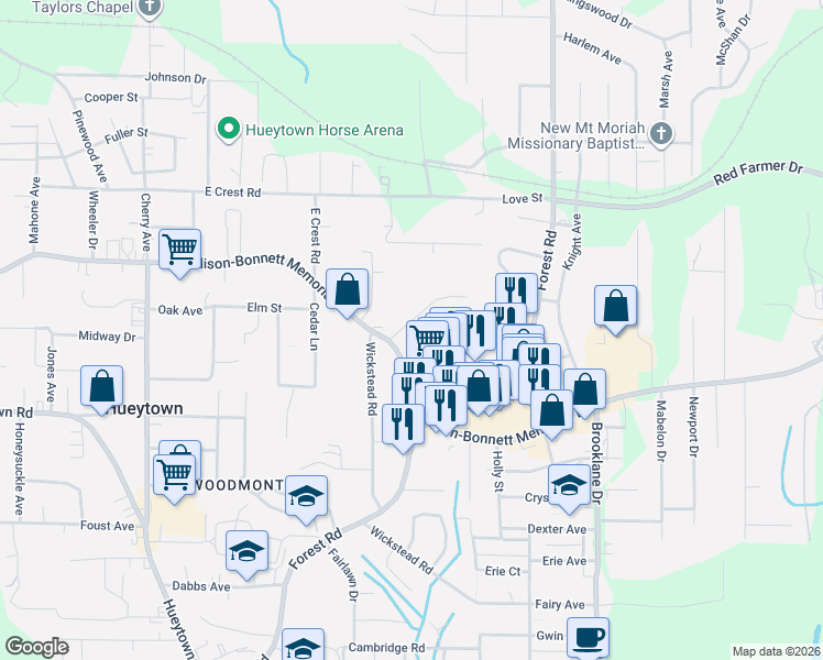 map of restaurants, bars, coffee shops, grocery stores, and more near 112 Vann Street in Hueytown