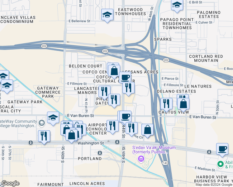 map of restaurants, bars, coffee shops, grocery stores, and more near 432 North 44th Street in Phoenix