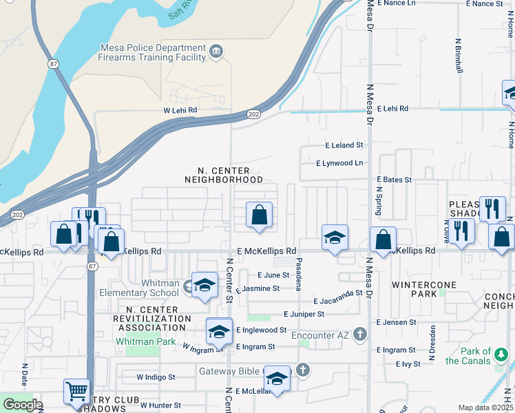 map of restaurants, bars, coffee shops, grocery stores, and more near 2121 North Center Street in Mesa