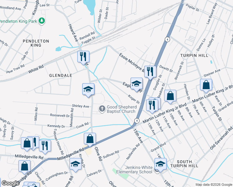 map of restaurants, bars, coffee shops, grocery stores, and more near 1518 Koger Street in Augusta