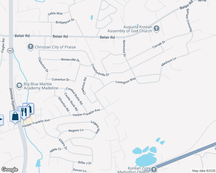 map of restaurants, bars, coffee shops, grocery stores, and more near 3209 Lexington Way in Augusta