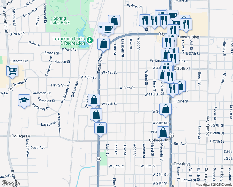 map of restaurants, bars, coffee shops, grocery stores, and more near 3901 Elizabeth Street in Texarkana