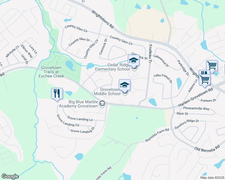 map of restaurants, bars, coffee shops, grocery stores, and more near 2019 Darwood Drive in Grovetown