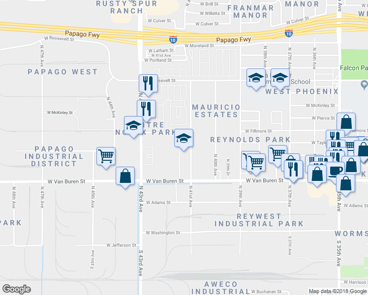 map of restaurants, bars, coffee shops, grocery stores, and more near 406 North 41st Avenue in Phoenix