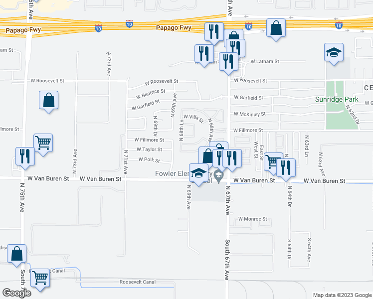 map of restaurants, bars, coffee shops, grocery stores, and more near 429 North 68th Lane in Phoenix