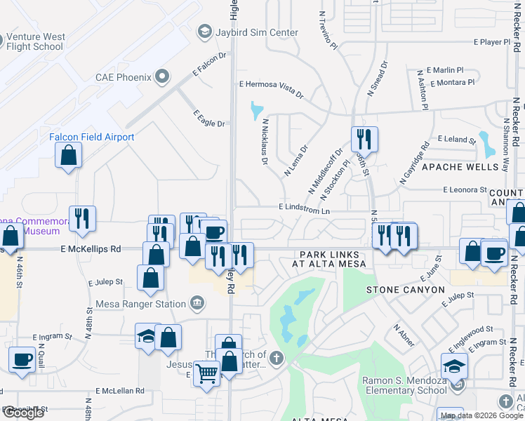 map of restaurants, bars, coffee shops, grocery stores, and more near 5257 East Lindstrom Lane in Mesa