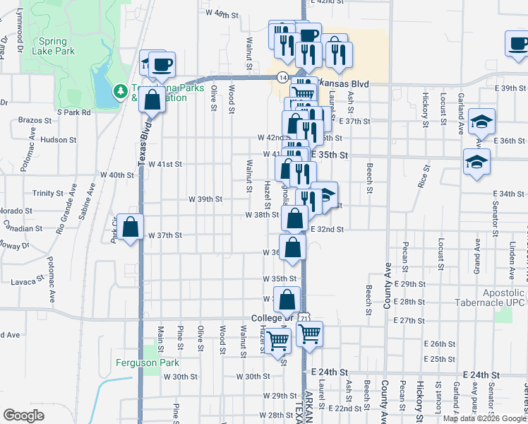 map of restaurants, bars, coffee shops, grocery stores, and more near 3901 Hazel Street in Texarkana