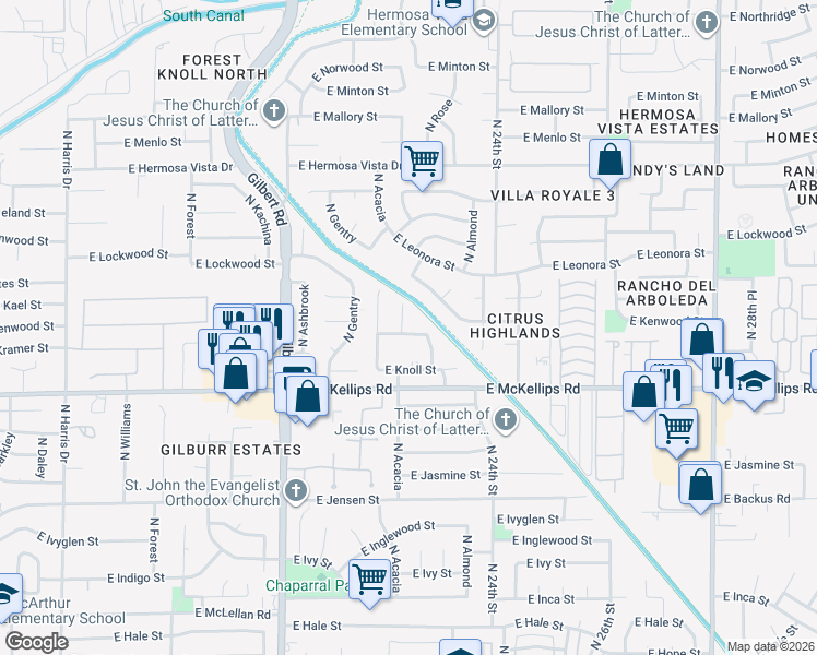 map of restaurants, bars, coffee shops, grocery stores, and more near 2129 North Acacia Circle in Mesa