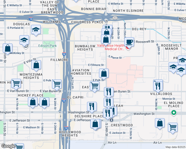 map of restaurants, bars, coffee shops, grocery stores, and more near 2315 East Fillmore Street in Phoenix