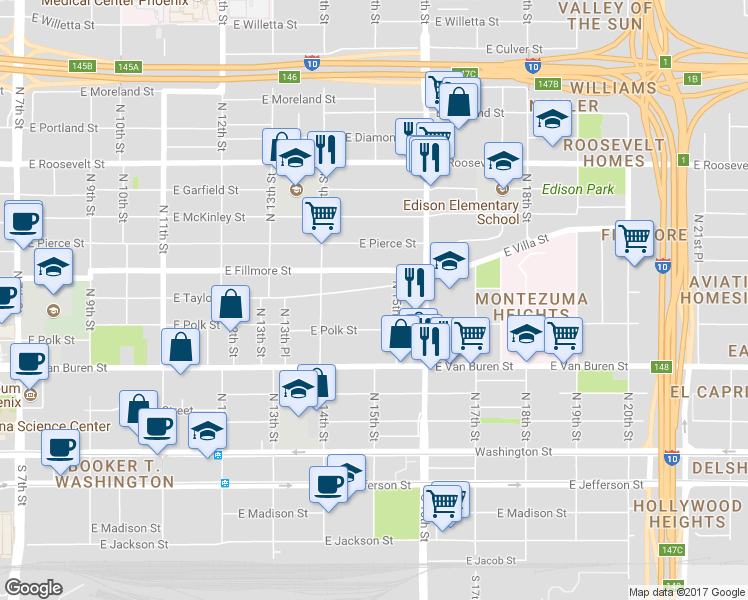 map of restaurants, bars, coffee shops, grocery stores, and more near 1449 East Fillmore Street in Phoenix