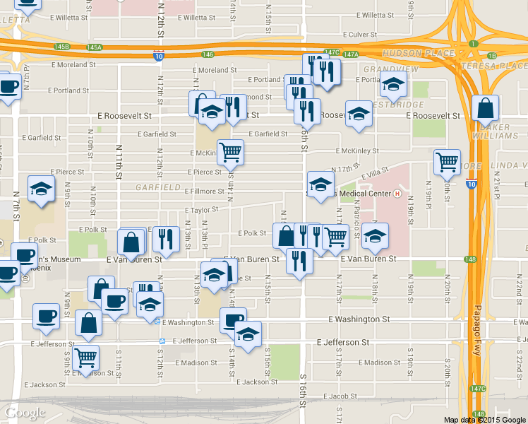 map of restaurants, bars, coffee shops, grocery stores, and more near 1454 East Taylor Street in Phoenix