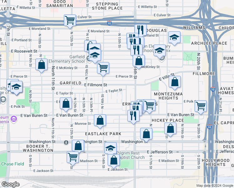 map of restaurants, bars, coffee shops, grocery stores, and more near 1454 East Taylor Street in Phoenix
