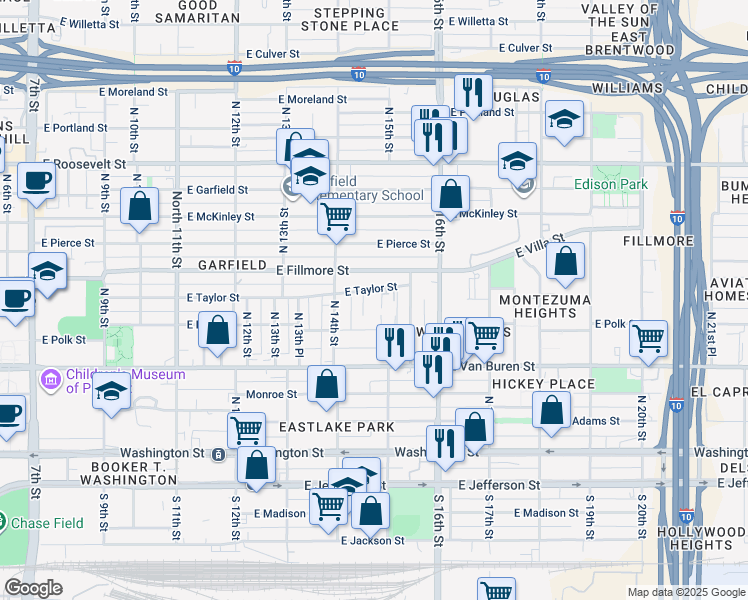 map of restaurants, bars, coffee shops, grocery stores, and more near 1454 East Taylor Street in Phoenix