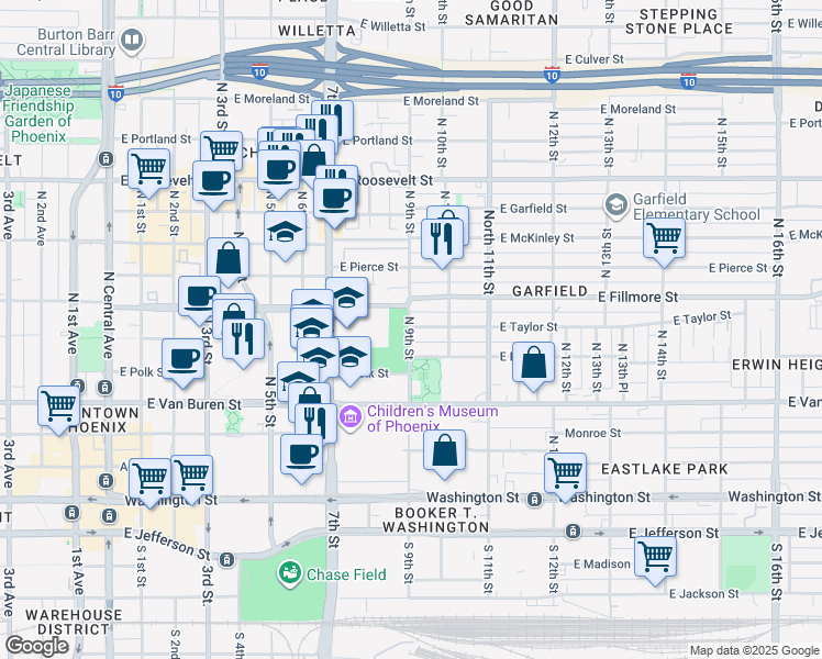map of restaurants, bars, coffee shops, grocery stores, and more near 517 North 9th Street in Phoenix