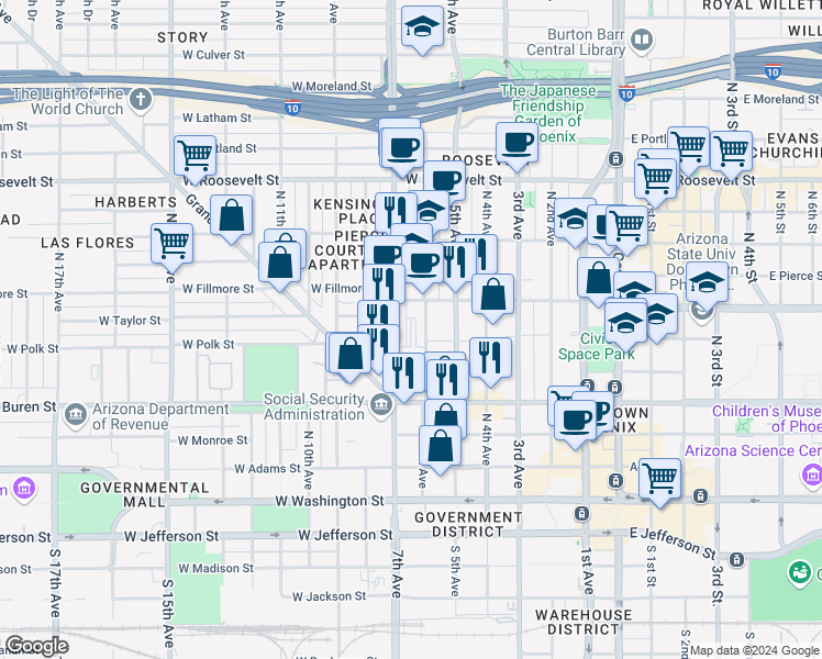 map of restaurants, bars, coffee shops, grocery stores, and more near 390 North 6th Avenue in Phoenix