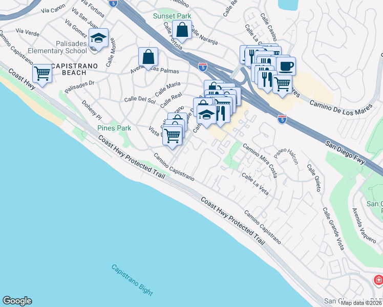 map of restaurants, bars, coffee shops, grocery stores, and more near 366 Camino De Estrella in San Clemente