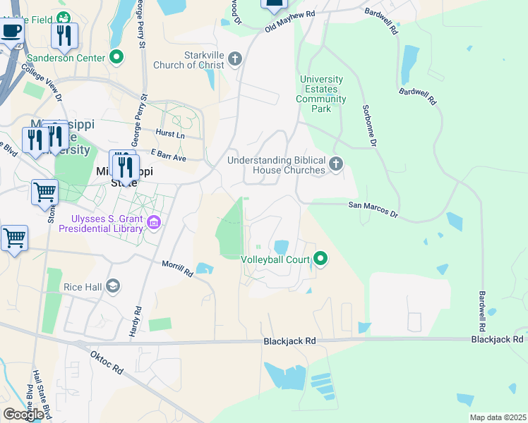 map of restaurants, bars, coffee shops, grocery stores, and more near 381 Ridgecrest Drive in Starkville