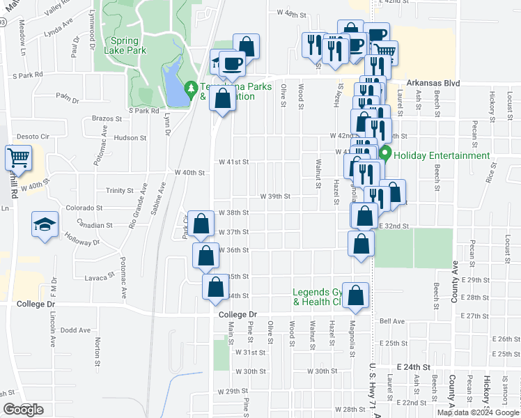 map of restaurants, bars, coffee shops, grocery stores, and more near 3901 Elizabeth Street in Texarkana