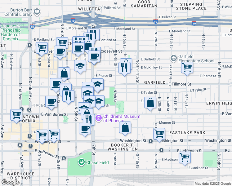 map of restaurants, bars, coffee shops, grocery stores, and more near 517 North 9th Street in Phoenix