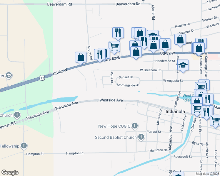 map of restaurants, bars, coffee shops, grocery stores, and more near 1 Paris Drive in Indianola