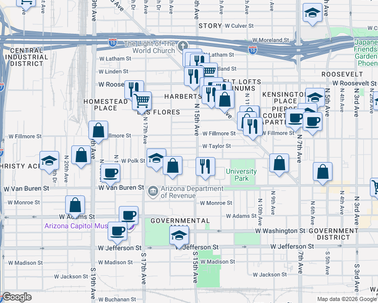 map of restaurants, bars, coffee shops, grocery stores, and more near 1514 West Taylor Street in Phoenix