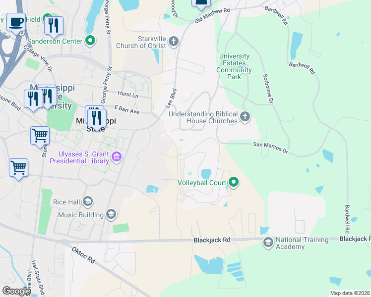 map of restaurants, bars, coffee shops, grocery stores, and more near 381 Ridgecrest Drive in Starkville
