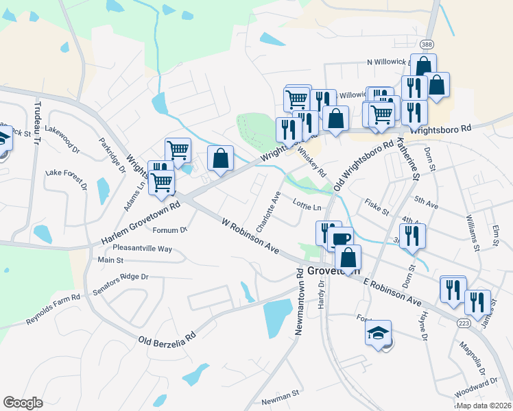 map of restaurants, bars, coffee shops, grocery stores, and more near 120 Harvestwood Drive in Grovetown