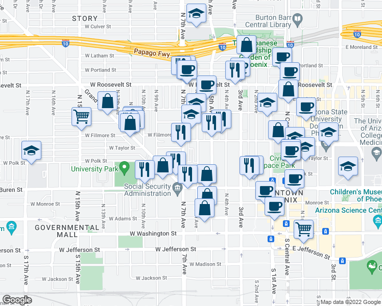 map of restaurants, bars, coffee shops, grocery stores, and more near 390 North 6th Avenue in Phoenix