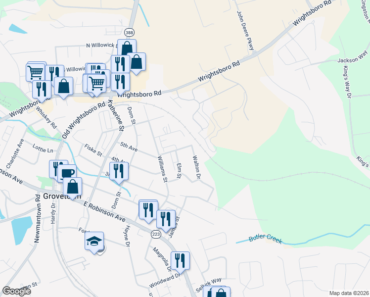 map of restaurants, bars, coffee shops, grocery stores, and more near 110 George Street in Grovetown
