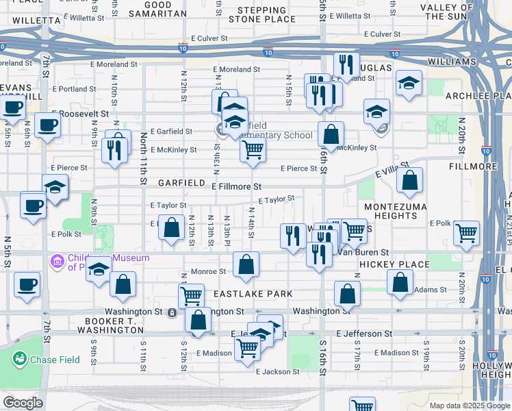 map of restaurants, bars, coffee shops, grocery stores, and more near 1413 East Fillmore Street in Phoenix