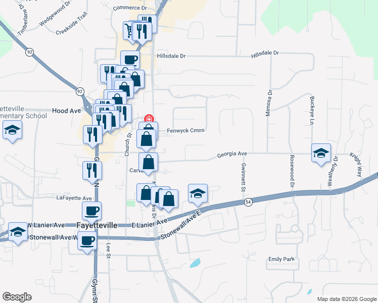 map of restaurants, bars, coffee shops, grocery stores, and more near 285 Pine Circle in Fayetteville
