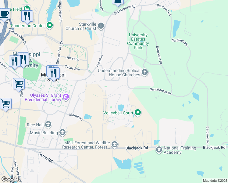 map of restaurants, bars, coffee shops, grocery stores, and more near Misty Lee Lane in Starkville