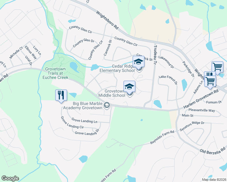 map of restaurants, bars, coffee shops, grocery stores, and more near 4018 Rosedale Place in Grovetown
