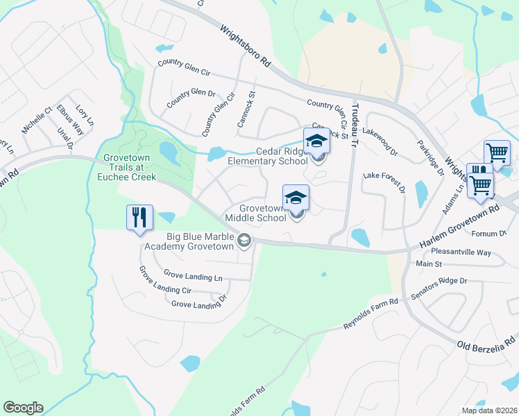 map of restaurants, bars, coffee shops, grocery stores, and more near 2019 Darwood Drive in Grovetown
