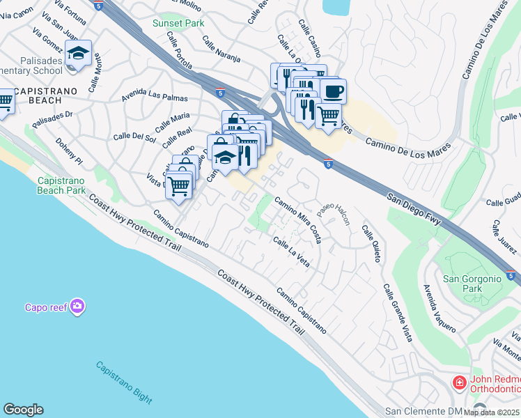 map of restaurants, bars, coffee shops, grocery stores, and more near 3555 Camino Mira Costa in San Clemente
