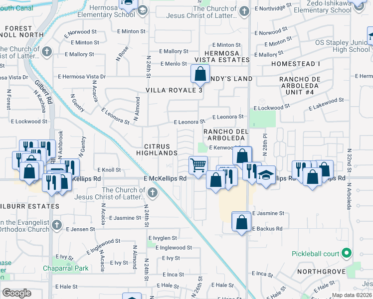 map of restaurants, bars, coffee shops, grocery stores, and more near 2130 North Glenview in Mesa