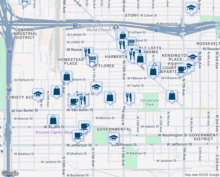 map of restaurants, bars, coffee shops, grocery stores, and more near 505 North 16th Avenue in Phoenix
