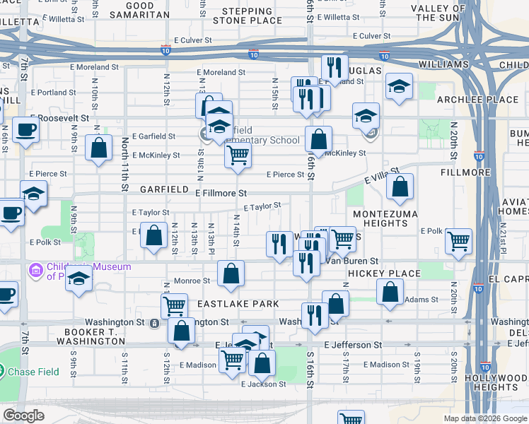 map of restaurants, bars, coffee shops, grocery stores, and more near 1449 East Fillmore Street in Phoenix