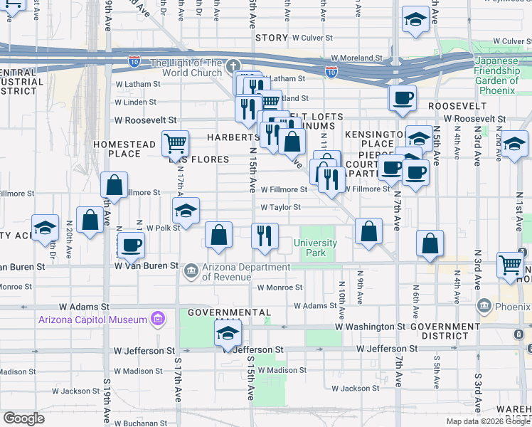 map of restaurants, bars, coffee shops, grocery stores, and more near 1336 West Taylor Street in Phoenix