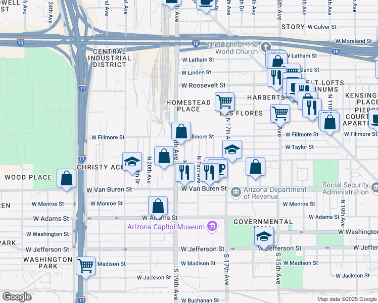 map of restaurants, bars, coffee shops, grocery stores, and more near 433 North 19th Avenue in Phoenix