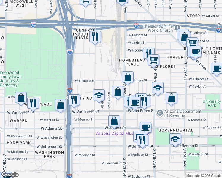 map of restaurants, bars, coffee shops, grocery stores, and more near 438 North 20th Avenue in Phoenix