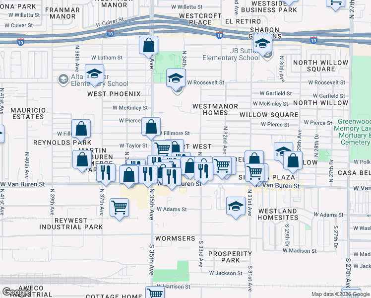 map of restaurants, bars, coffee shops, grocery stores, and more near 3312 West Taylor Street in Phoenix