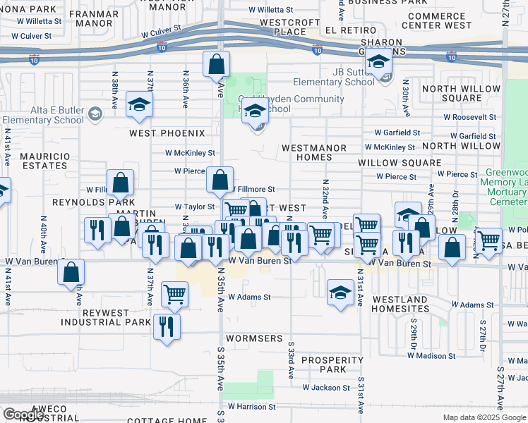 map of restaurants, bars, coffee shops, grocery stores, and more near 3408 West Taylor Street in Phoenix