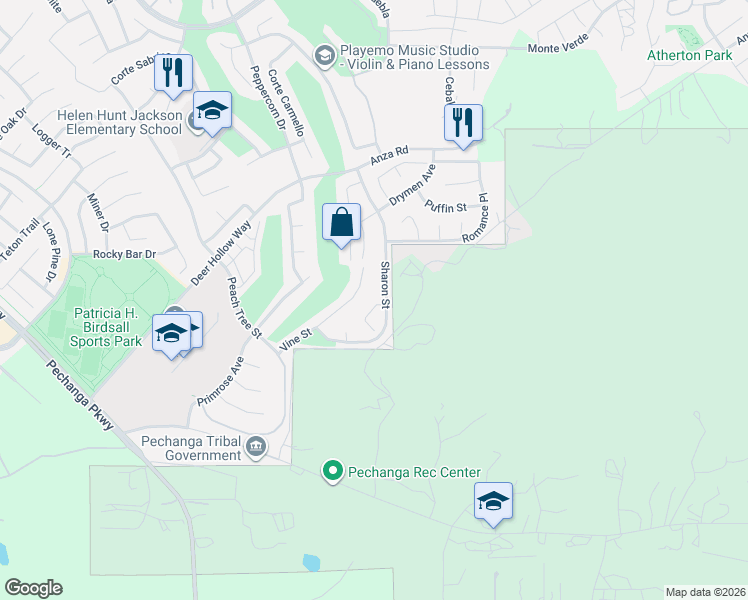 map of restaurants, bars, coffee shops, grocery stores, and more near 32951 Vine Street in Temecula
