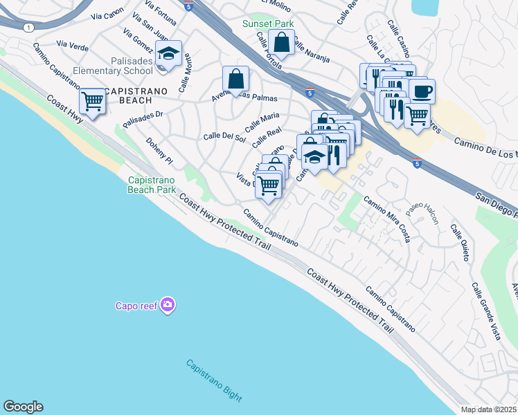 map of restaurants, bars, coffee shops, grocery stores, and more near 26835 Calle Verano in Dana Point