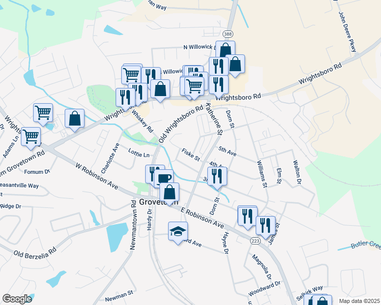 map of restaurants, bars, coffee shops, grocery stores, and more near 101 Booker Street in Grovetown