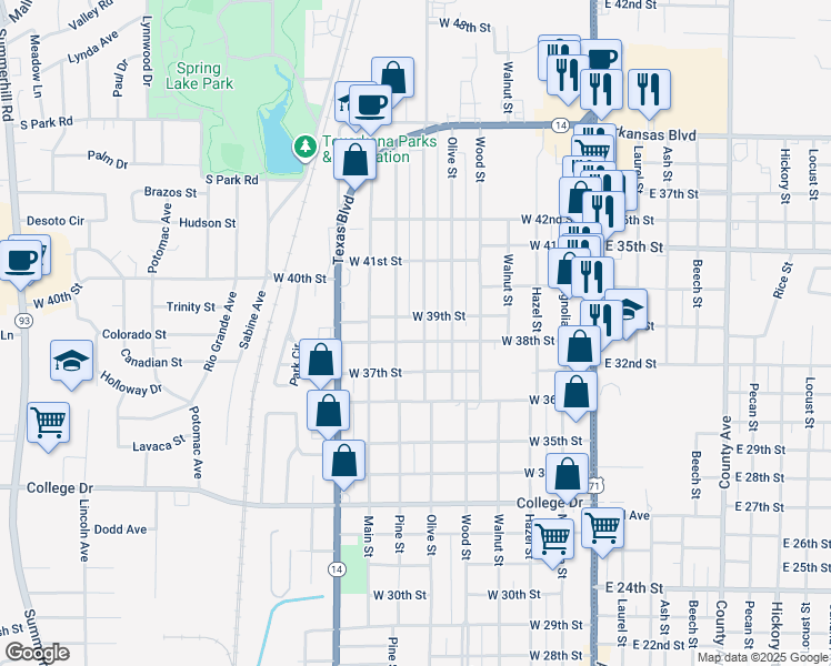 map of restaurants, bars, coffee shops, grocery stores, and more near 3901 Elizabeth Street in Texarkana